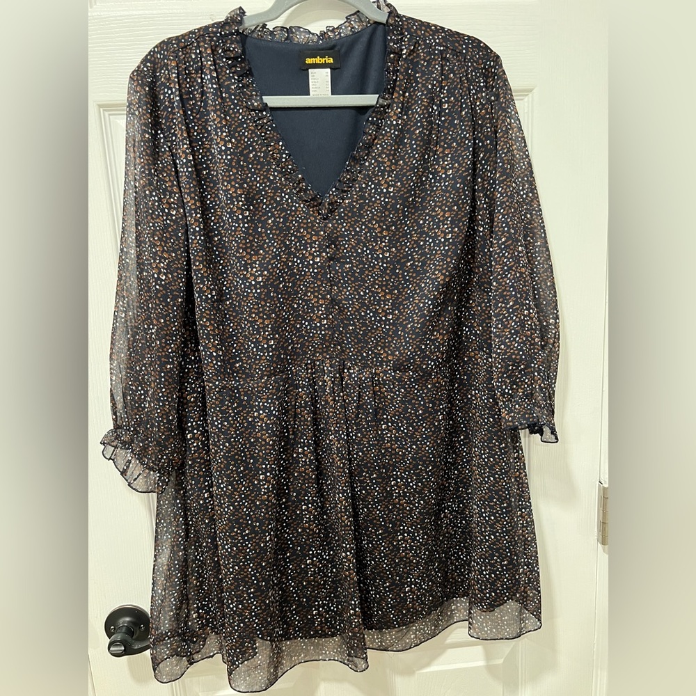 Ambria Women Size 14 Pullover Tunic Blouse Black/Brown Microdot Oversized Lined